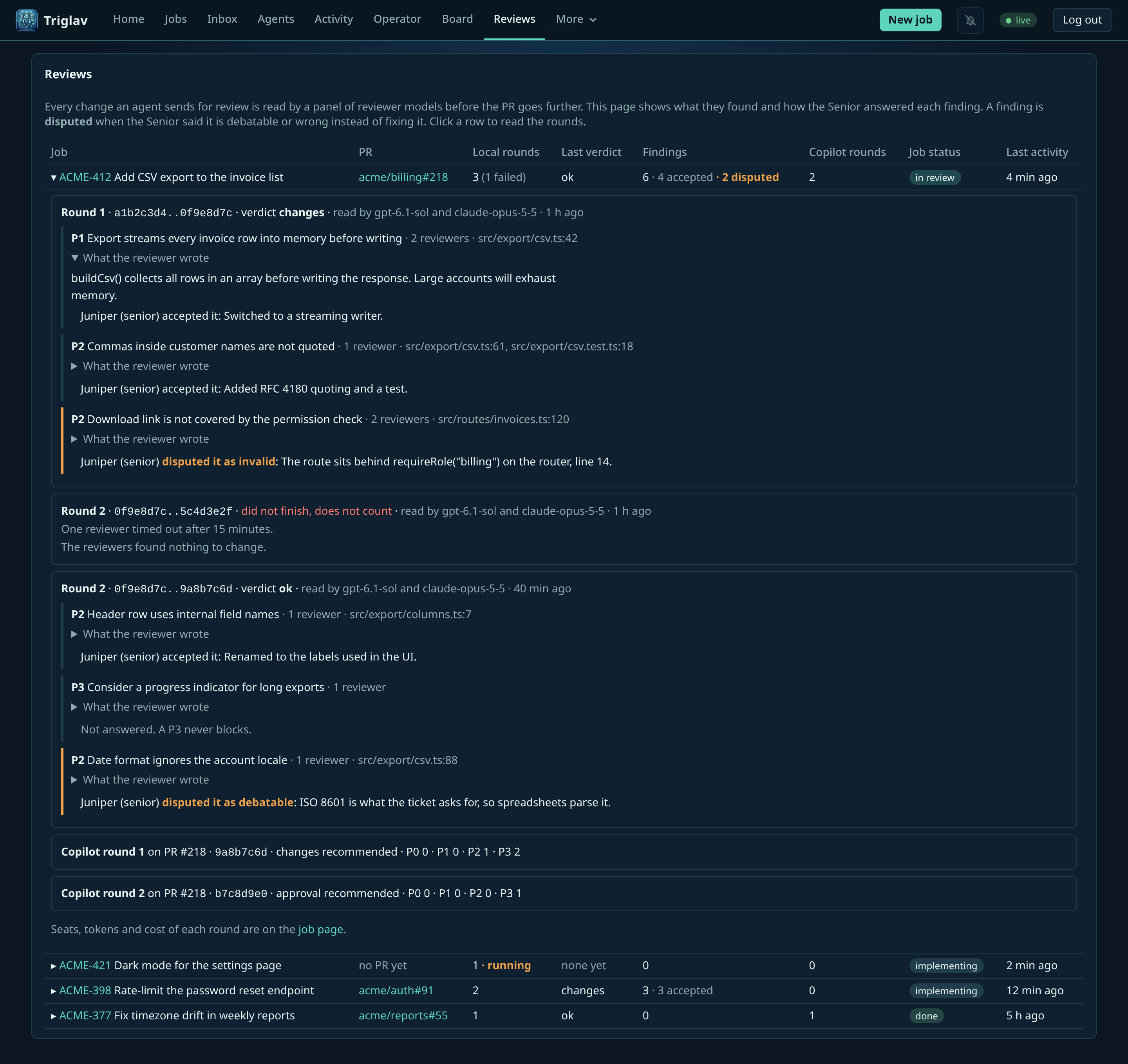 The Reviews page with review rounds, accepted and disputed findings