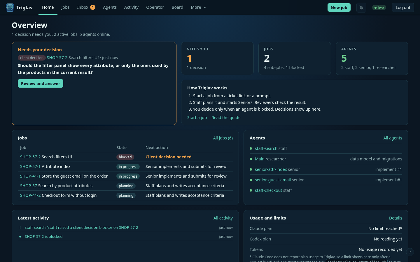 The Triglav home page: one client decision waiting, two jobs with sub-jobs, five agents online, and plan usage.