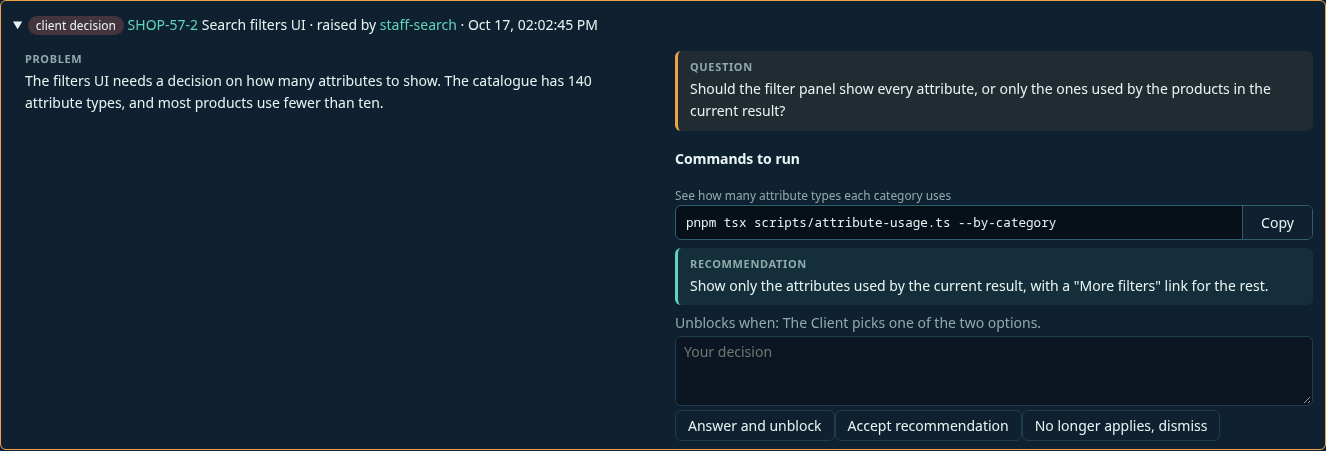 A client decision in the Inbox: the problem, the question, a command with a Copy button, Staff’s recommendation, and the answer buttons.