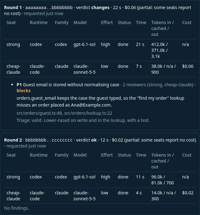 Two local review rounds on a job page. Round 1 has one P1 finding that both seats reported, with the Senior’s triage. Round 2 reviews only the fix and passes.
