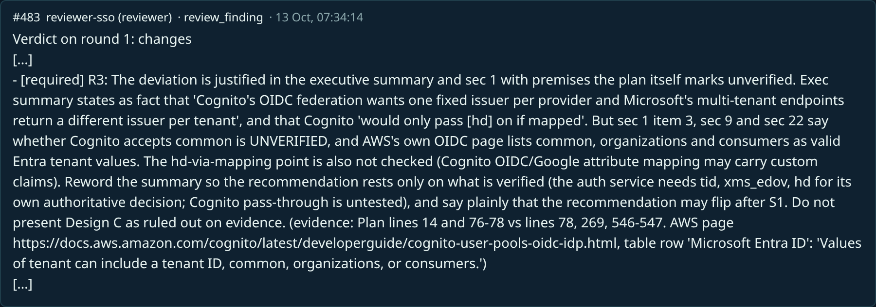 A review finding on the board: the reviewer says the plan’s summary states as fact something the plan marks unverified, and quotes the AWS documentation as evidence.